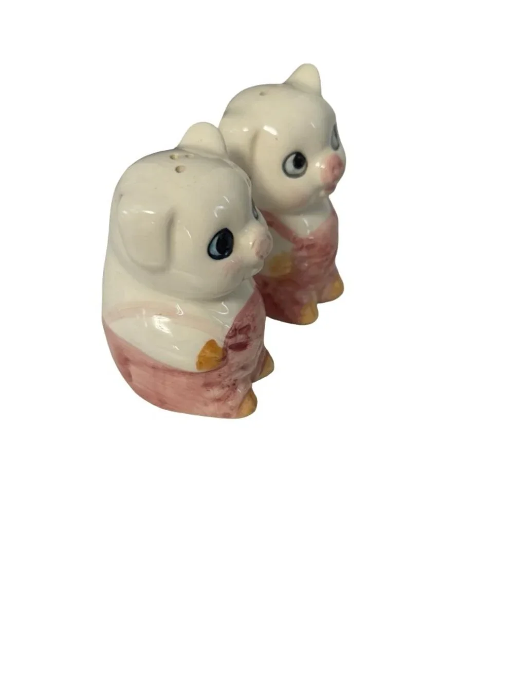 Vintage Ceramic Pig Salt & Pepper Shakers Pink Overalls Big Eyes Pair